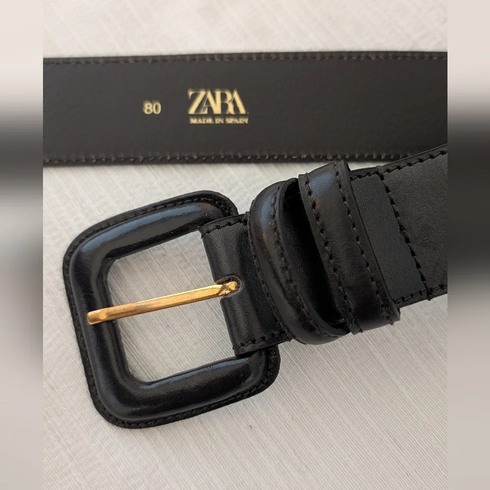 NWT Zara  100% Leather Dark Brown Belt with Gold Buckle Woman's